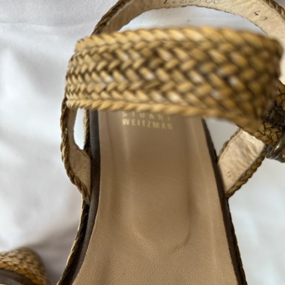 Stuart Weitzman Raffia Tan Ankle Strap Wedge Heel Sandals - Picture 12 of 13